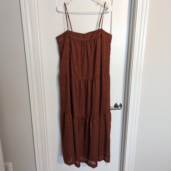 DKNY Metallic Thread Tiered Midi Dress - Burnt Orange Rust - sz L - Picture 1 of 6